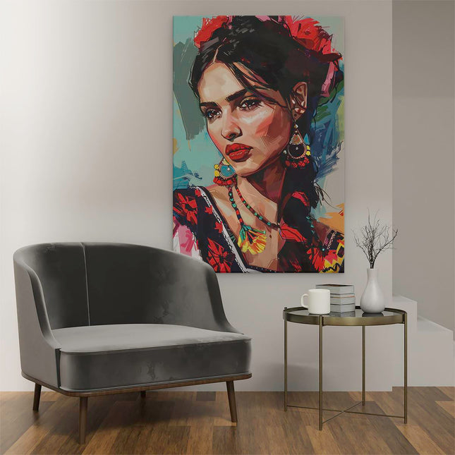 Canvas schilderij interieur Mexicaanse Vrouw in een Mexicaanse Jurk