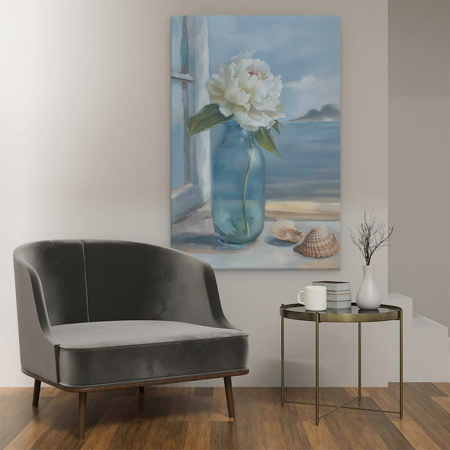 Canvas schilderij interieur Blauwe Vaas met een Pioenroos en Schelpen op een Vensterbank
