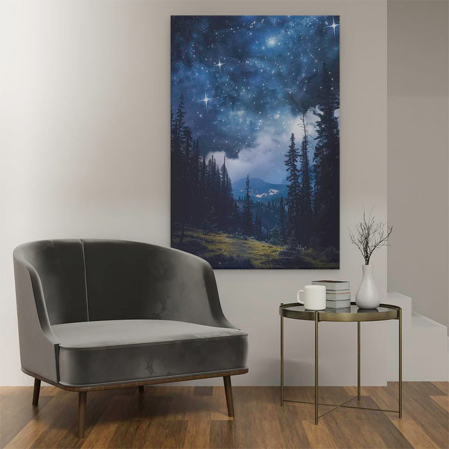 Canvas schilderij interieur Nachtelijke Hemel met Sterren en Bomen
