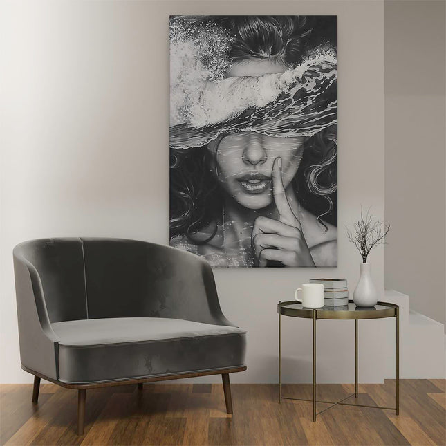 Canvas schilderij interieur Vrouw in het Water met haar Vinger op haar Lippen