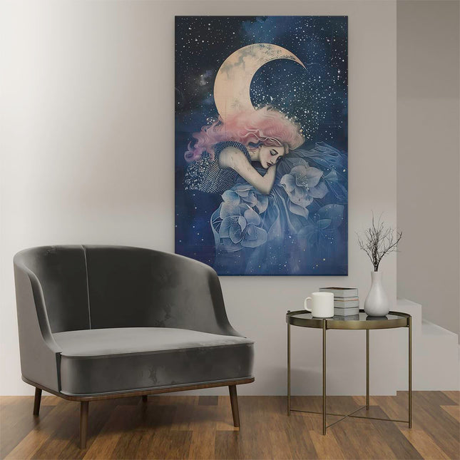 Canvas schilderij interieur Meisje met Roze haar Slaapt op de Maan
