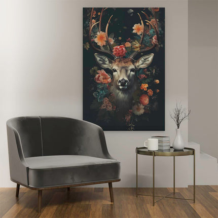 Canvas schilderij interieur Hert met Bloemen op zijn Hoofd