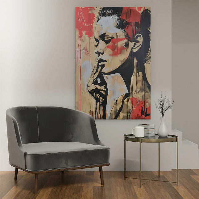 Canvas schilderij interieur Vrouw met haar Hand op haar Kin
