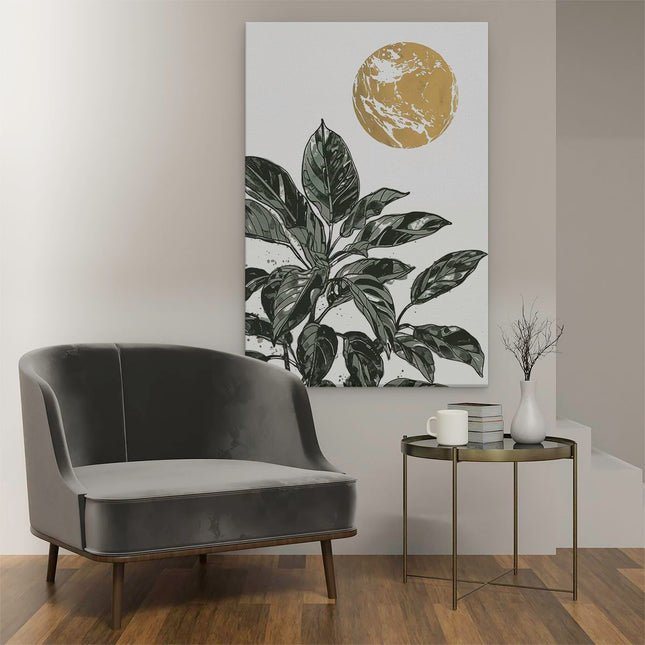 Canvas schilderij interieur Illustratie van een Plant met een Gouden Maan op de Achtergrond