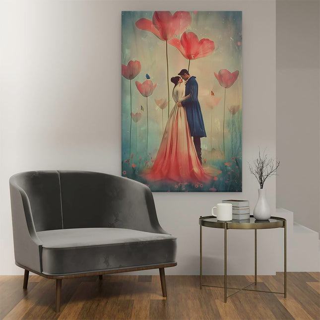 Canvas schilderij interieur Paar Kussen voor Bloemen