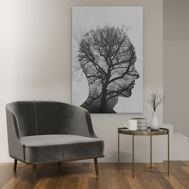 Canvas schilderij interieur Silhouet van een Man met een Boom in zijn Hoofd