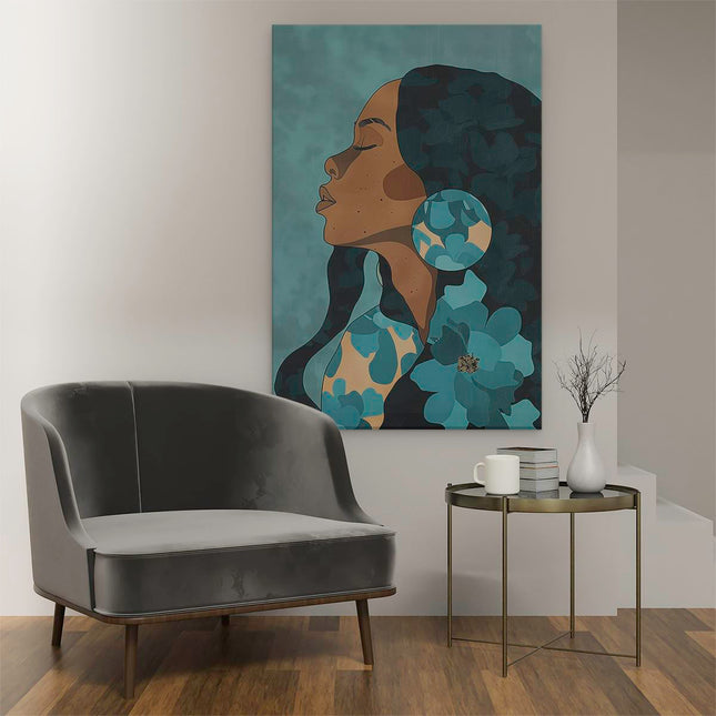 Canvas schilderij interieur Vrouw met Lang haar en Bloemen in haar Haar