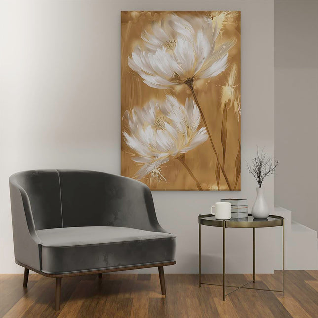Canvas schilderij interieur Witte Bloemen op een Gouden Achtergrond