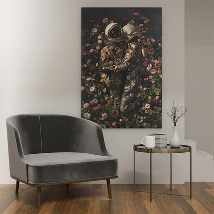 Canvas schilderij interieur Twee Astronauten die Elkaar Kussen in een Veld met Bloemen