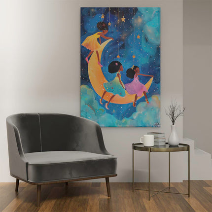 Canvas schilderij interieur Drie Meisjes op een Halve Maan