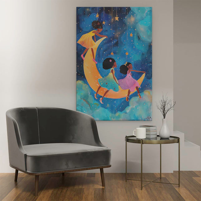 Canvas schilderij interieur Drie Meisjes op een Halve Maan
