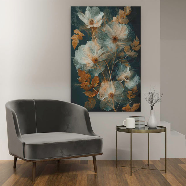 Canvas schilderij interieur Witte Bloemen op een Donkere Achtergrond