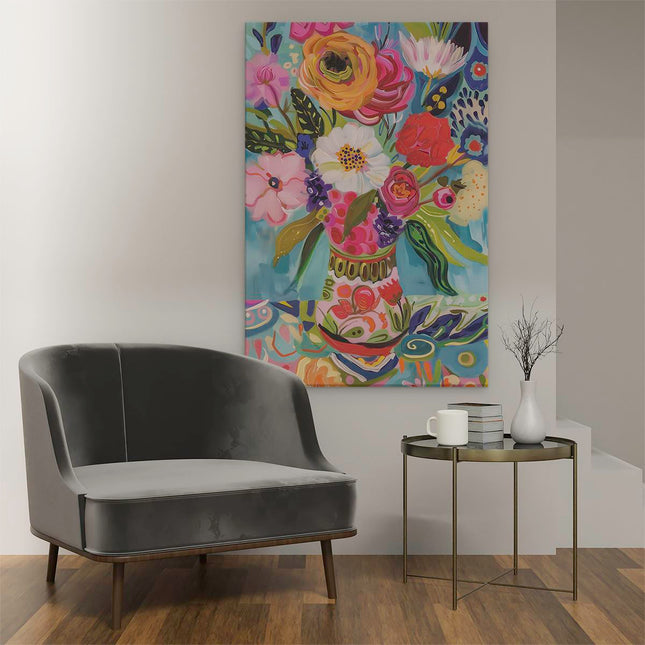 Canvas schilderij interieur Kleurrijke Bloemen in een Vaas