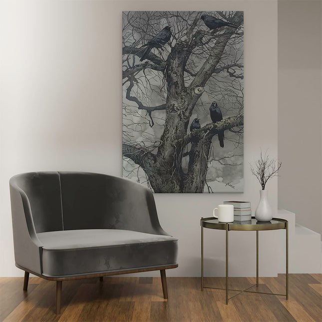 Canvas schilderij interieur Kraaien die in een Boom Zitten