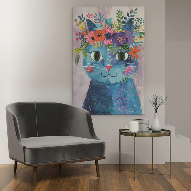 Canvas schilderij interieur Blauwe Kat met Bloemen op zijn Kop