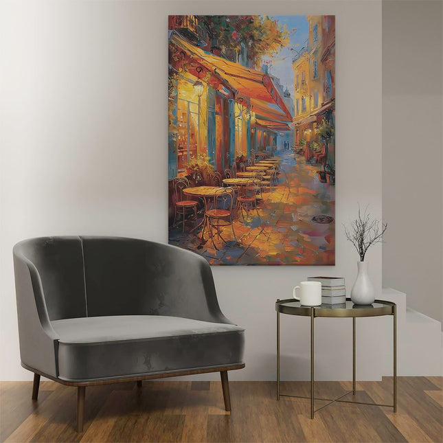 Canvas schilderij interieur Kunstwerk van een Straattafereel met Tafels en Stoelen