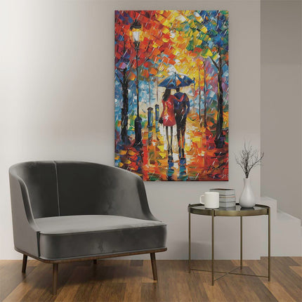 Canvas schilderij interieur Paar dat in de Regen loopt met een Paraplu