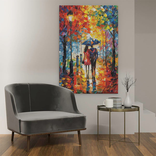 Canvas schilderij interieur Paar dat in de Regen loopt met een Paraplu