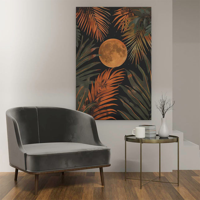 Canvas schilderij interieur Tropische Achtergrond met een Volle Maan en Palmbladeren