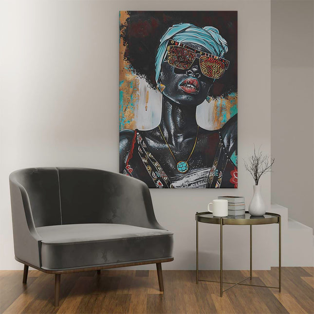 Canvas schilderij interieur Vrouw met Afro en Zonnebril