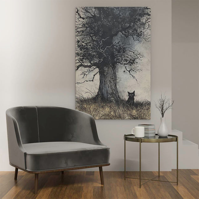 Canvas schilderij interieur Zwarte Kat onder een Boom