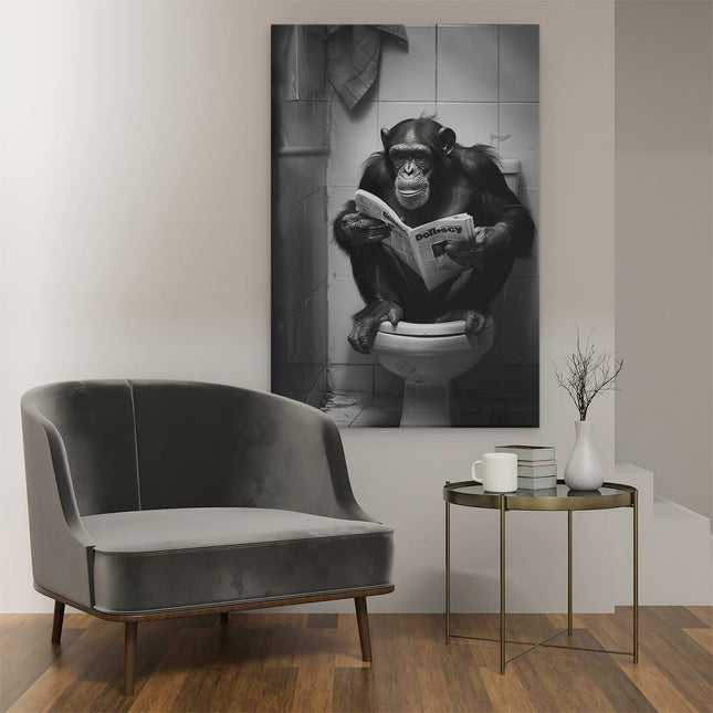 Canvas schilderij interieur Chimpansee Zittend op een Toilet een Krant Lezend