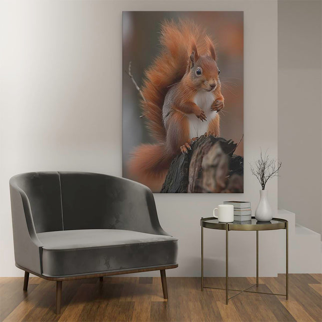 Canvas schilderij interieur Rode Eekhoorn Zittend op een Boomstronk