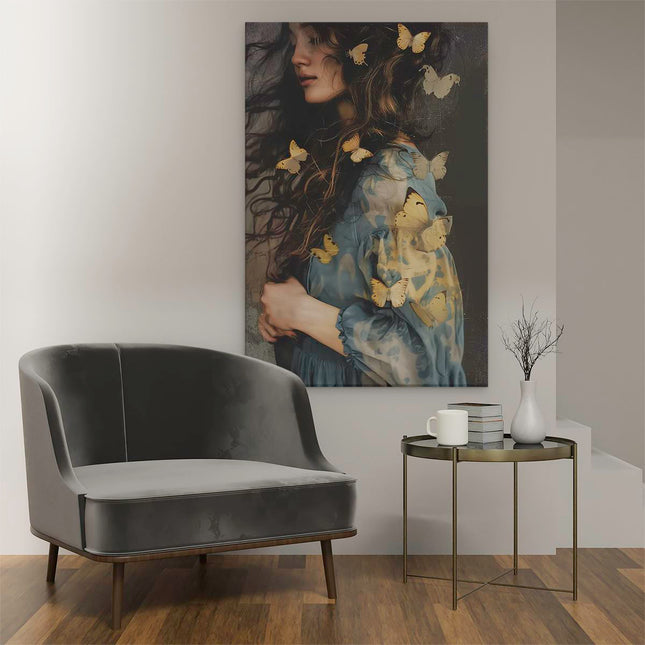 Canvas schilderij interieur Vrouw met Lang haar en Vlinders