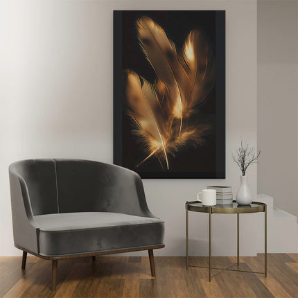 Canvas schilderij interieur Gouden Veren op een Zwarte Achtergrond