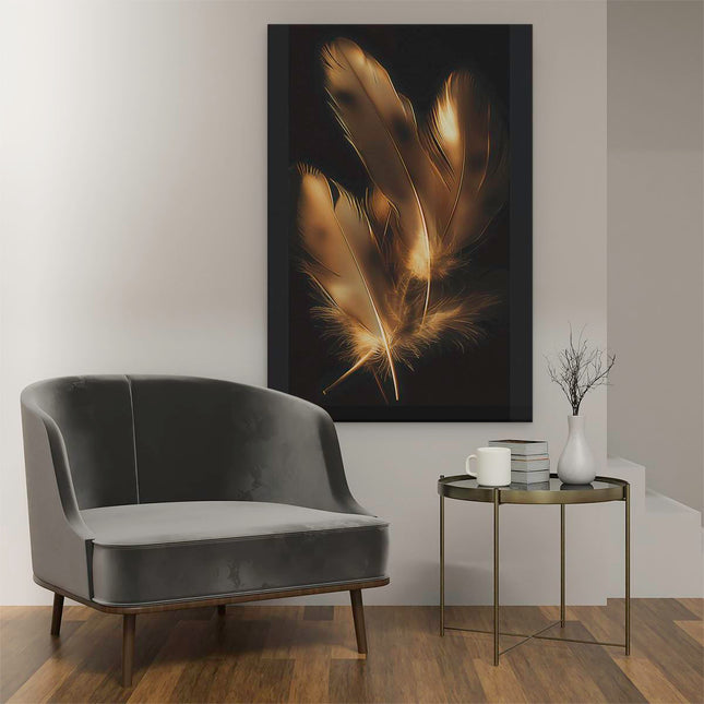 Canvas schilderij interieur Gouden Veren op een Zwarte Achtergrond