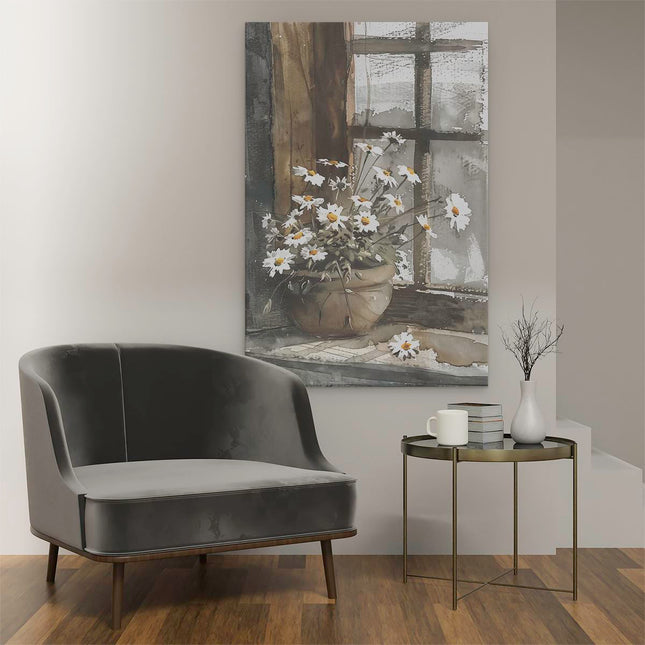 Canvas schilderij interieur Aquarelkunstwerk van Madeliefjes op een Vensterbank