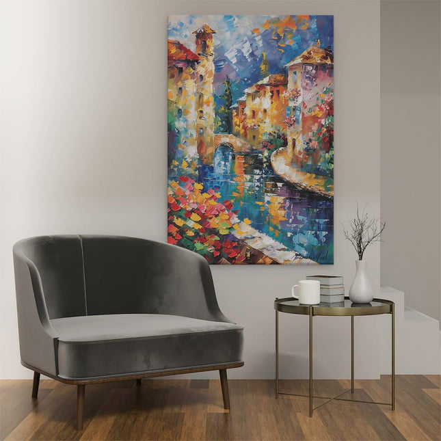 Canvas schilderij interieur Kunstwerk van een Gracht met Huizen en Bloemen