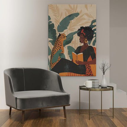 Canvas schilderij interieur Vrouw die een Boek Leest met een Cheetah