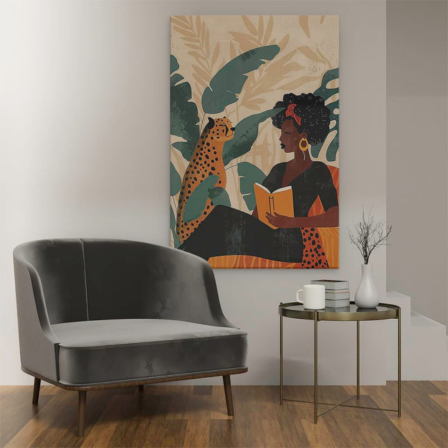 Canvas schilderij interieur Vrouw die een Boek Leest met een Cheetah