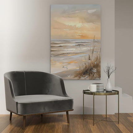 Canvas schilderij interieur Kunstwerk van een Strandtafereel met Meeuwen en Riet