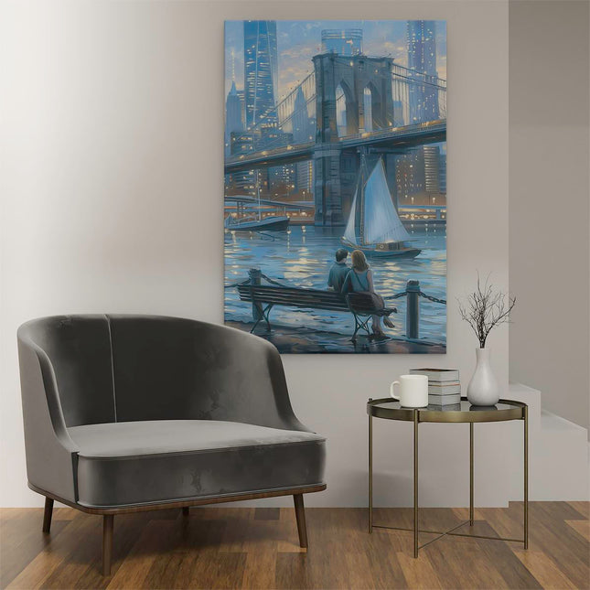 Canvas schilderij interieur Paar Zittend op een Bankje met Uitzicht op de Brooklyn Bridge
