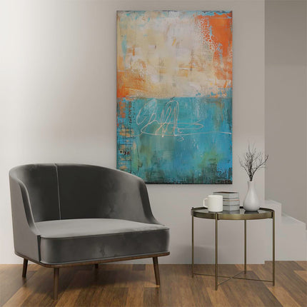 Canvas schilderij interieur Abstract Kunstwerk met Oranje en Blauwe Kleuren