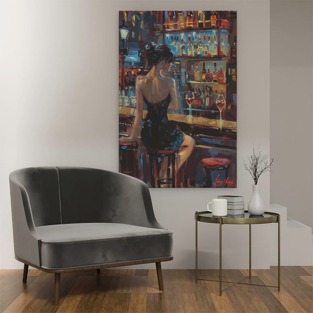 Canvas schilderij interieur Vrouw zit aan een Bar