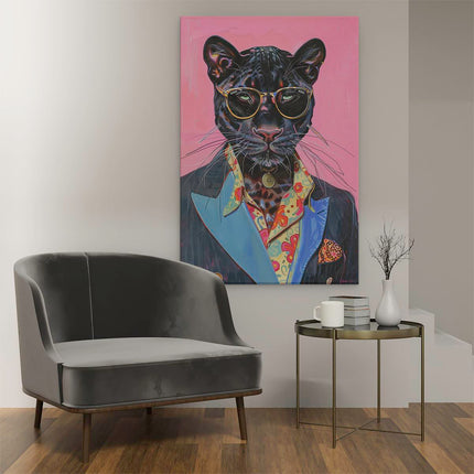 Canvas schilderij interieur Zwarte Panter met een Zonnebril en een Pak