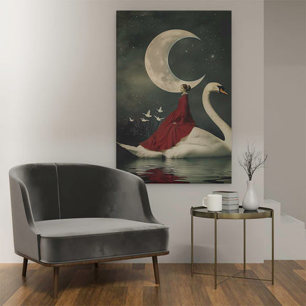 Canvas schilderij interieur Vrouw in een Rode Jurk die op een Zwaan Rijdt