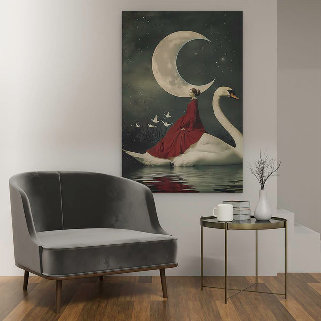 Canvas schilderij interieur Vrouw in een Rode Jurk die op een Zwaan Rijdt