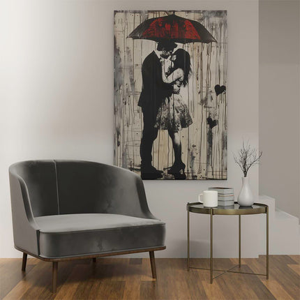 Canvas schilderij interieur Paar Kussen onder een Paraplu