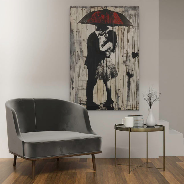 Canvas schilderij interieur Paar Kussen onder een Paraplu