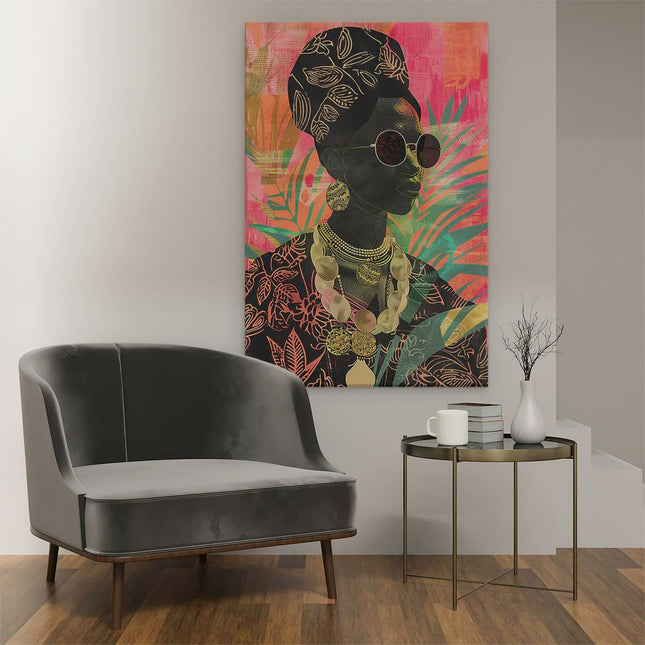 Canvas schilderij interieur Afrikaanse Vrouw Draagt ​​Een Zonnebril en een Ketting