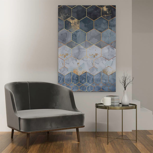 Canvas schilderij interieur Blauw en Goud Zeshoekig Patroon