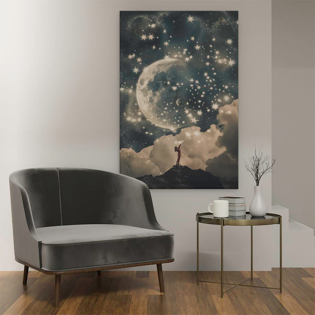 Canvas schilderij interieur Meisje Kijkt Omhoog naar de Maan en de Sterren
