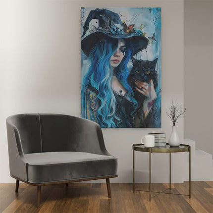 Canvas schilderij interieur Vrouw met Blauw haar die een Zwarte Kat Vasthoudt
