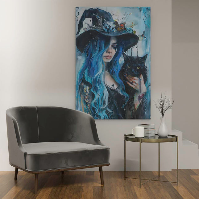 Canvas schilderij interieur Vrouw met Blauw haar die een Zwarte Kat Vasthoudt