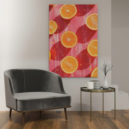 Canvas schilderij interieur Bosje Sinaasappelschijfjes op een Rood Oppervlak