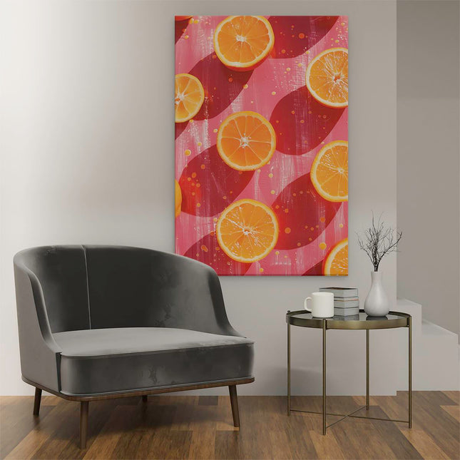 Canvas schilderij interieur Bosje Sinaasappelschijfjes op een Rood Oppervlak